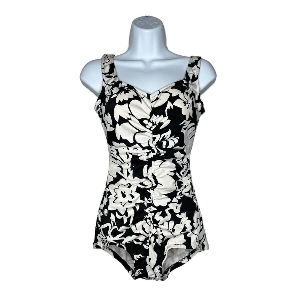 Maxine One Piece Swimsuit Womens‎ 10 Black White Floral Ruched Front Pinup Style